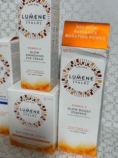 Lumene Nordic c glow renew boost essence, day cream spf15, awakening eye cream, glow night serum