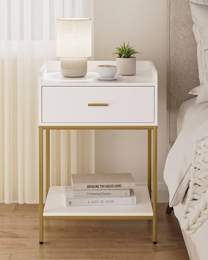Bedside Table, 3-Tier Bedside Cabinet with Storage Drawer and Open Shelf, Small End Side Table with Gold Legs for Bedroom, Living Room, White Large