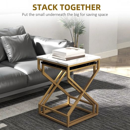 Set of 2 Marble-Effect Nesting Tables, Modern Space-Saving Side Tables for Living Room & Bedroom