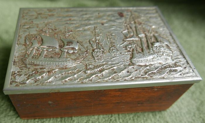 Vintage Wooden Cigarette Box with ship galleons decoration