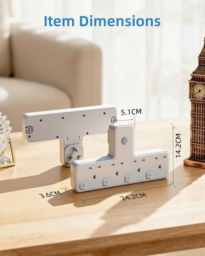 Multi Plug Adopter, Plug Extension with Independent Switches, 4 Way Plug Adapter UK Built-in Surge Protector, 4 in 1 Wall Socket Plug Extender with 180 Degree Rotation Button