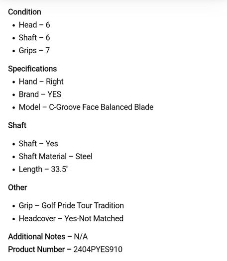 YES C-Groove Face Balanced Blade Putter / 33.5"