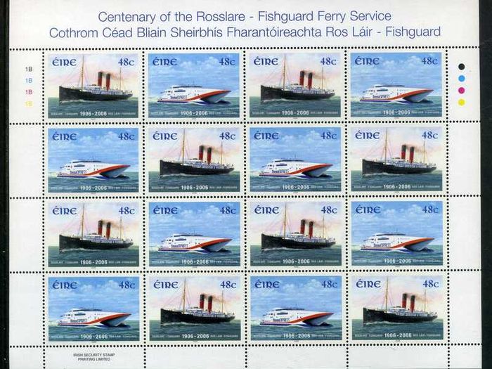 2006 Ireland Centenary of the Rosslare - Fishguard Ferry Service Commemorative Stamps Sheetlet Plate 1B1B1B1B Mint Never Hinged (MNH)