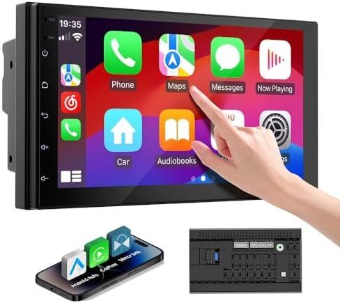 2 Din Car Stereo with 7 inch HD Touchscreen, Wireless Apple Carplay & Android Auto, Bluetooth, SWC, Mirror Link, AUX,FM Car Radio Receiver(No backup reversing camera)|for All Vehicle