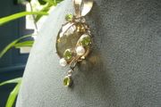 Large Modern Statement Citrine, Peridot &amp; Pearl Pendant with Chain. Sterling Silver
