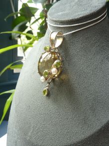 Large Modern Statement Citrine, Peridot & Pearl Pendant with Chain. Sterling Silver