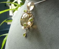 Large Modern Statement Citrine, Peridot & Pearl Pendant with Chain. Sterling Silver