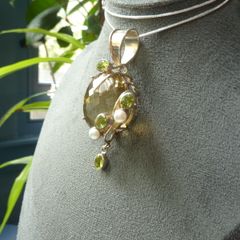 Large Modern Statement Citrine, Peridot & Pearl Pendant with Chain. Sterling Silver