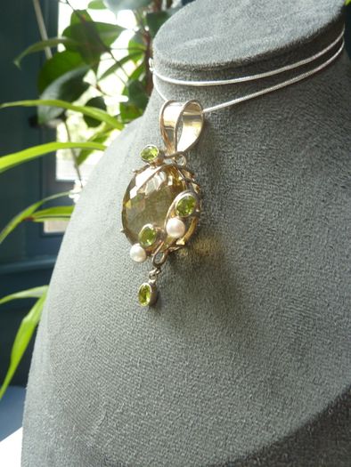 Large Modern Statement Citrine, Peridot & Pearl Pendant with Chain. Sterling Silver