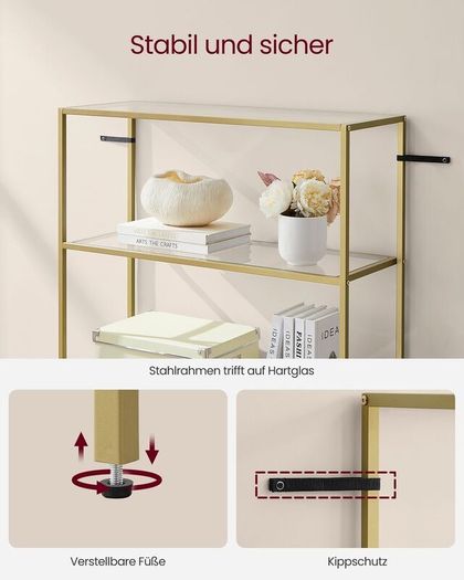 Glass Display Shelf 6 Tier Gold Metal Bookcase Tempered Glass Storage Unit