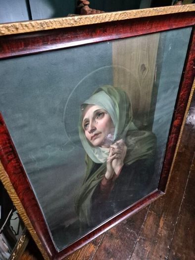 Vintage 1934 large print Mater Dolorosa glass wood framed