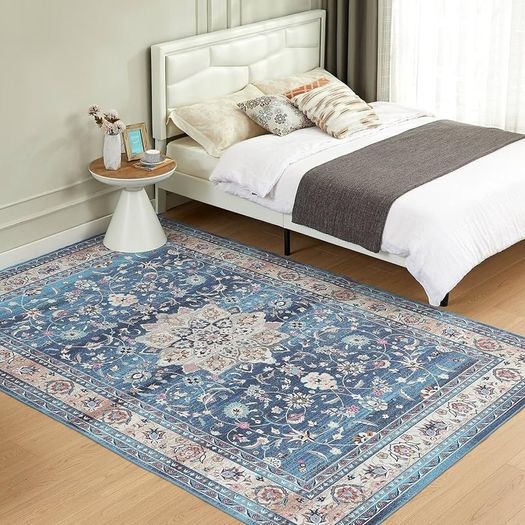 Washable Rugs Living Room Boho Rug for Bedroom Anti Slip Rugs Classic Large Rugs for Living Room Vintage Area Rugs Soft Short Pile Rug Washable Rugs Vintage 80x150CM Blue