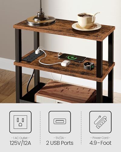 Slim Side Table with Charging Station, 3-Tier Narrow Side Table with Drawer, Skinny Bedside Table, End Table for Small Spaces, for Bedroom
