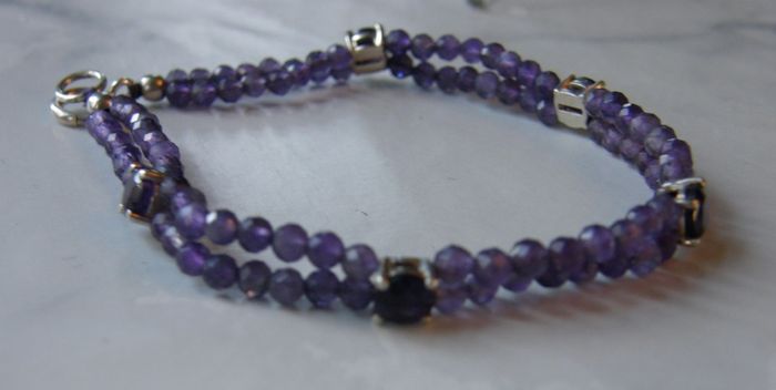 Double Strand Faceted Amethyst Bead Bracelet, 925 Silver Clasp, 7in/18cm