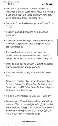 Baby Elegance Green Drift Stroller. Less than 18 months old, only selling as we are changing to a double buggy. This set comes without the car seat base, rain cover and sheet off the bassinet mattress as it was soiled, but we used a baby cot sheet and it 