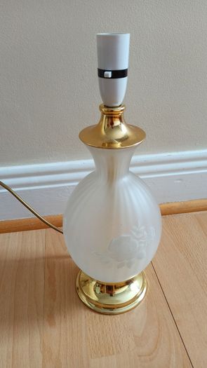 Vintage frosted glass table lamp featuring etched rose motif  height 37cm