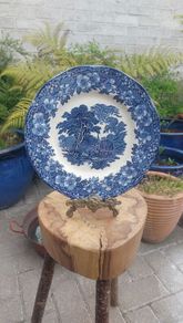 Lovely Vintage Blue and White 9.75 Inch Dinner Plate By Enoch Wedgwood (Tunstall) Ltd, in the Lovely Cottagecore Style "Woodland" Pattern, Some Crazing