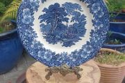 Lovely Vintage Blue and White 9.75 Inch Dinner Plate By Enoch Wedgwood (Tunstall) Ltd, in the Lovely Cottagecore Style "Woodland" Pattern, Some Crazing