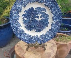 Lovely Vintage Blue and White 9.75 Inch Dinner Plate By Enoch Wedgwood (Tunstall) Ltd, in the Lovely Cottagecore Style "Woodland" Pattern, Some Crazing