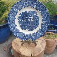 Lovely Vintage Blue and White 9.75 Inch Dinner Plate By Enoch Wedgwood (Tunstall) Ltd, in the Lovely Cottagecore Style "Woodland" Pattern, Some Crazing