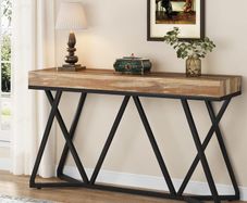 140cm Console Table, Rustic Wood & Metal Sofa Table, Industrial Entryway Table with X-Frame Base, Hallway & Living Room Furniture