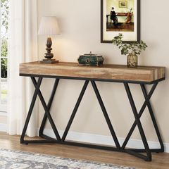 140cm Console Table, Rustic Wood & Metal Sofa Table, Industrial Entryway Table with X-Frame Base, Hallway & Living Room Furniture