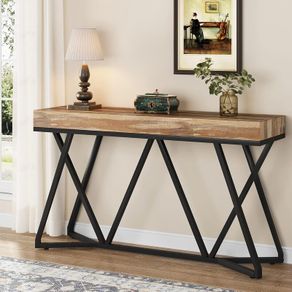 140cm Console Table, Rustic Wood & Metal Sofa Table, Industrial Entryway Table with X-Frame Base, Hallway & Living Room Furniture