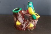 Delightful Piece of Mid Century 1950/60's Pottery Posy Vase in a Wonderful Majolica/Fat Lava Type Glaze in Shades of Rich Brown Vibrant Green and Yellow in the Form of Tropical Bird on a Tree Stump, Most Likely Vallauris, Vintage Retro Kitsch Chic!!