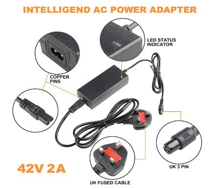 Scooter Charger 42V 2A AC Power Adapter Battery Charger for Electric Self-Balancing Scooter, Two Wheel Smart Drifting Board, Electric Scooters, Segway Hoverboard UK Universal Charger 3 pin