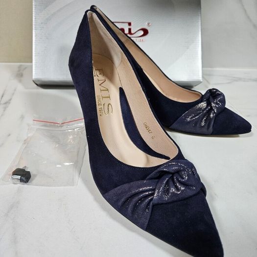 Emis new collection court blue bow detail medium heel leather shoes UK 6.6EU 40 new & boxed
