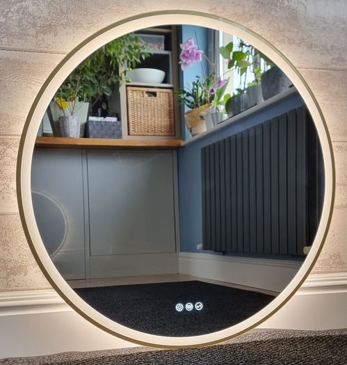 LED Bathroom Mirror Gold 80cm Bluetooth Demister Bright Light Makeup Cosmetic 3 Color Temperature