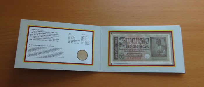 Third Reich Germany WW2 | 20 Reichsmark RARE banknote 1940 - 1945 | 2 Mark Coin in China friendship collectors set