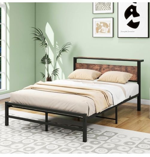 Double Bed Frame,Metal Platform Bed 135x190 cm,Brown No Box Spring Needed,Steel Slats Mattress Base,with Wood Storage Headboard,Noise Free,Black Double Bed Frame,Easy Assembly