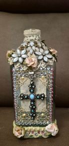 Stunning Vintage Style Altered Art Glass Bottle  Decorative Cross and Floral Detail