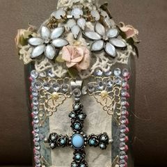 Stunning Vintage Style Altered Art Glass Bottle  Decorative Cross and Floral Detail