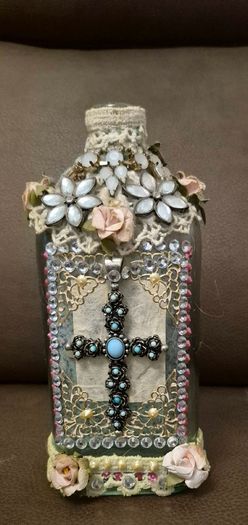 Stunning Vintage Style Altered Art Glass Bottle  Decorative Cross and Floral Detail