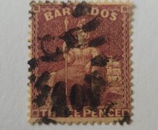 BRITISH COMMONWEALTH BARBADOS 1873 3p claret with postal mark - great perforations.