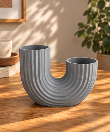 3D Printed U-Shaped Vase, Ash Grey, Modern and Minimalist Ribbed Home Decor
