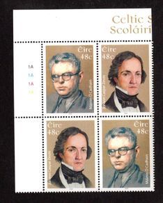 2006 Ireland Celtic Scholars Johann Zeuss (Founder of Celtic Philology) Mairin O Cadhan (Gaelic Novelist) Commemorative Stamps Plate Block 1A1A1A1A Mint Never Hinged (MNH)