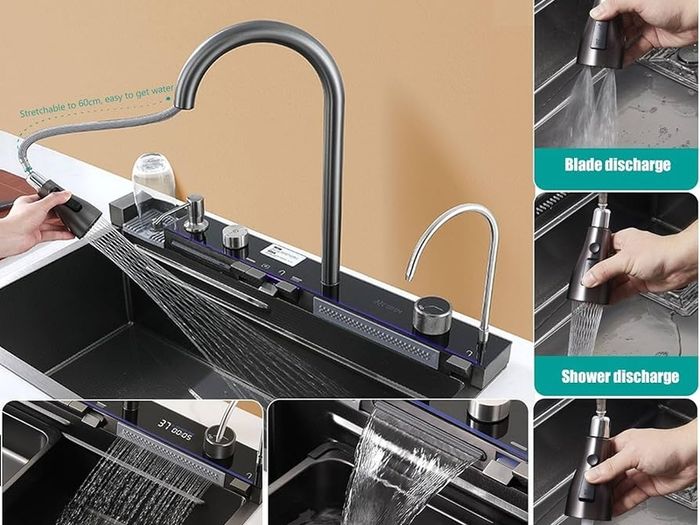 Kitchen Sink with Integrated Pull-Out Faucet 304 Stainless Steel Waterfall Kitchen Sink with Multiple Accessories