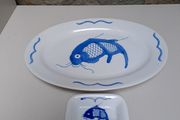 Vintage blue and white koi serving dishes