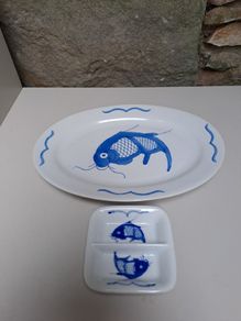 Vintage blue and white koi serving dishes