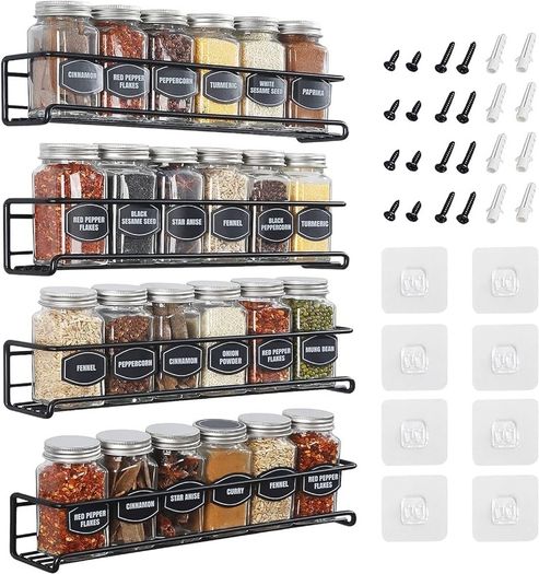 Spice Rack Wall Mounted 4 Pack Spice Rack for Inside Cupboard Adhesive Spice Organiser Kitchen Cupboard Organiser