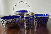 Vintage Cobalt Blue Glass &amp; EPNS Tableware / Condiment Set