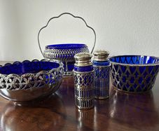 Vintage Cobalt Blue Glass & EPNS Tableware / Condiment Set