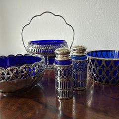 Vintage Cobalt Blue Glass & EPNS Tableware / Condiment Set