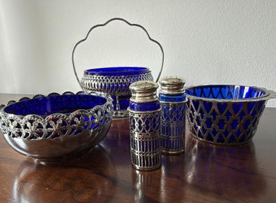 Vintage Cobalt Blue Glass & EPNS Tableware / Condiment Set