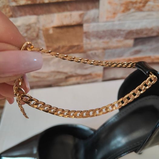 Black shiny leather stilettos with gold ankle chains, size 39