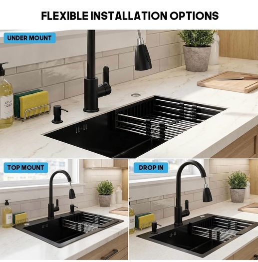Black Kitchen Sink 50 x 45cm Stainless Steel Sink Bowl with Pull Down Tap Kitchen Sinks Single Bowl with Drainer Basket Soap Dispenser, Deep Bowl for UK Kitchens, Top/Flush/Undermount Sink