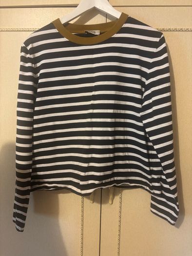 COS Navy and Cream Stripe Long Sleeve Top with Green/brown Trim - Size L